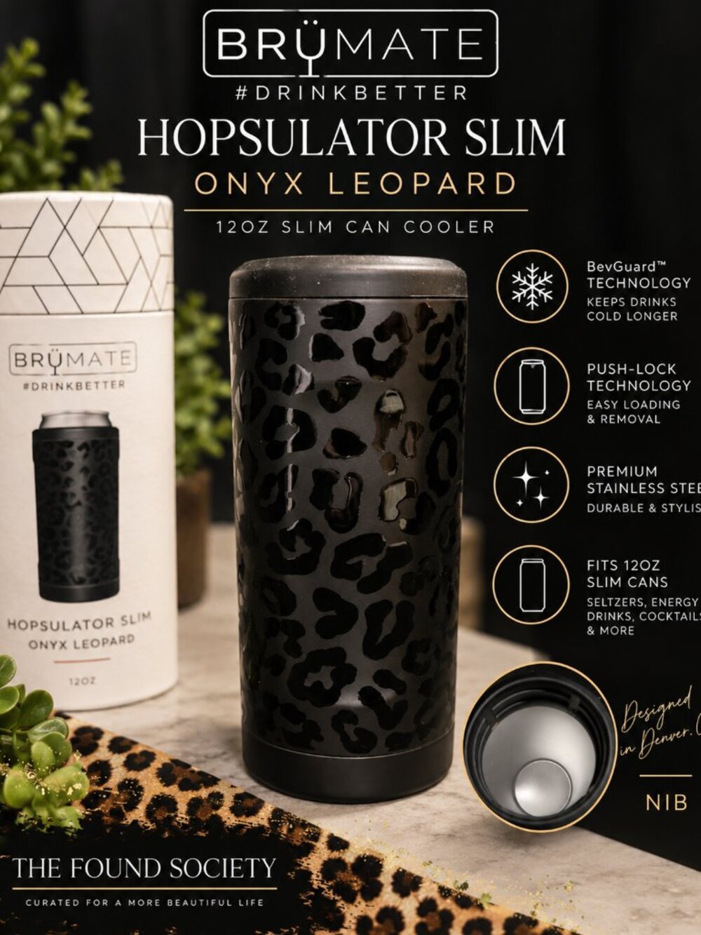 NIB BrüMate Hopsulator Slim 12oz Onyx Leopard Insulated Can Cooler